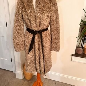 Women's Tan Faux Fur Coat with Black Belt